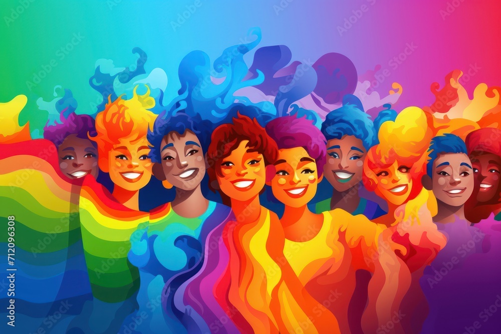 Diversity in Society concept. LGBT and LGBTQ rainbow in bright design. Rainbow flag for lgbtq community, freedom and smiles, pride parade. Group or young non-binary people, gay, trans and queer.