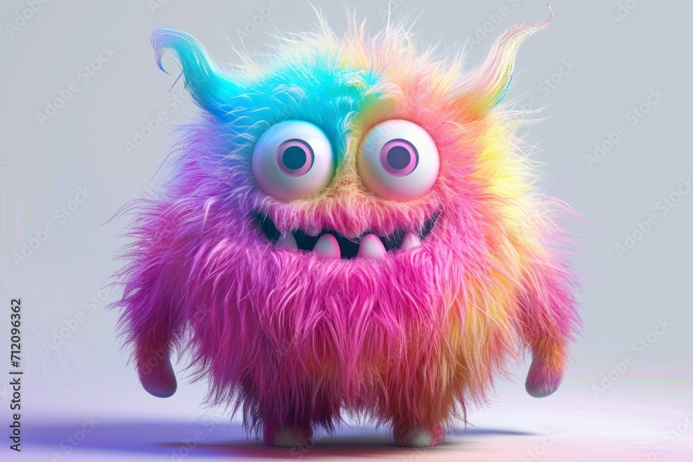 Cute multicolored furry monster 3D cartoon character.