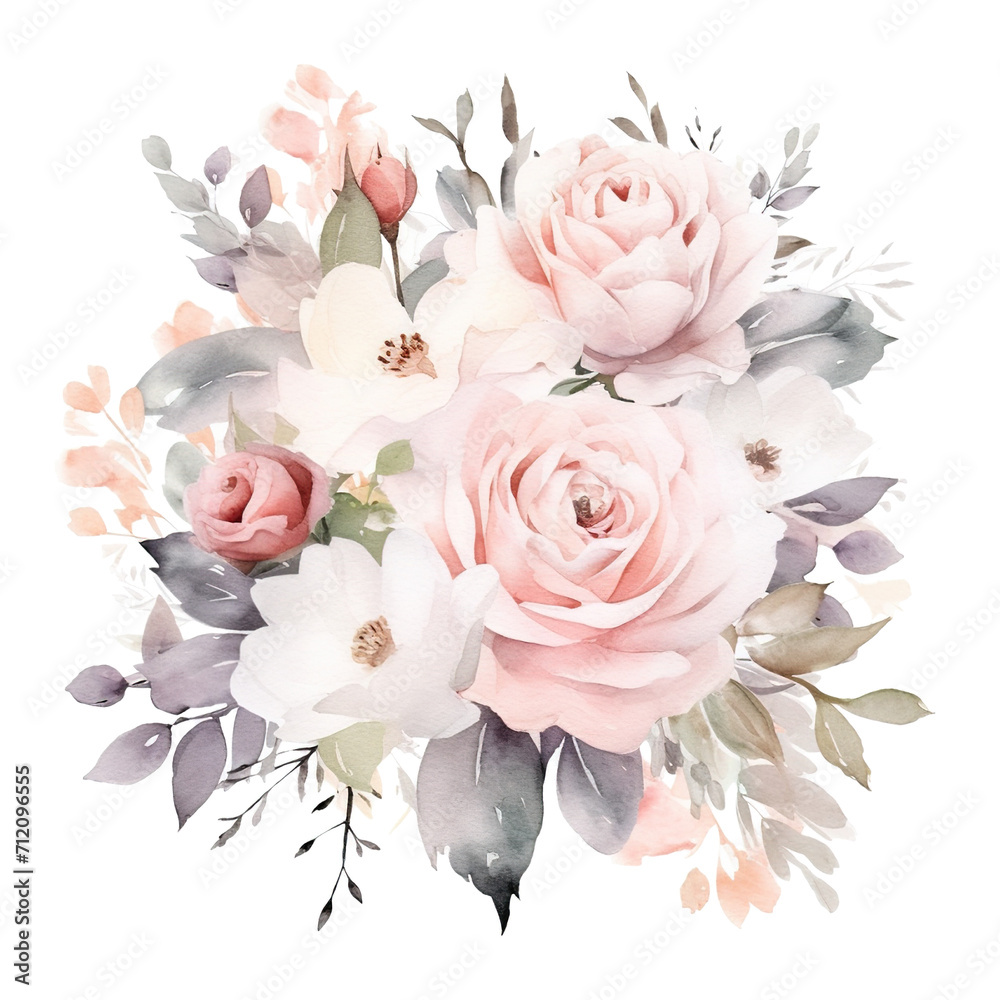 Watercolor Pink Flowers Clipart. Pink Roses PNG, Floral Bouquets. Wedding Flowers with transparent background. Floral Wreath Digital Art