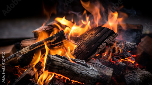 close up of burning firewood in a barbecue on black background