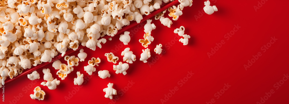 popcorn splash top view on red background space for text popcorn splash top view on red background space for text