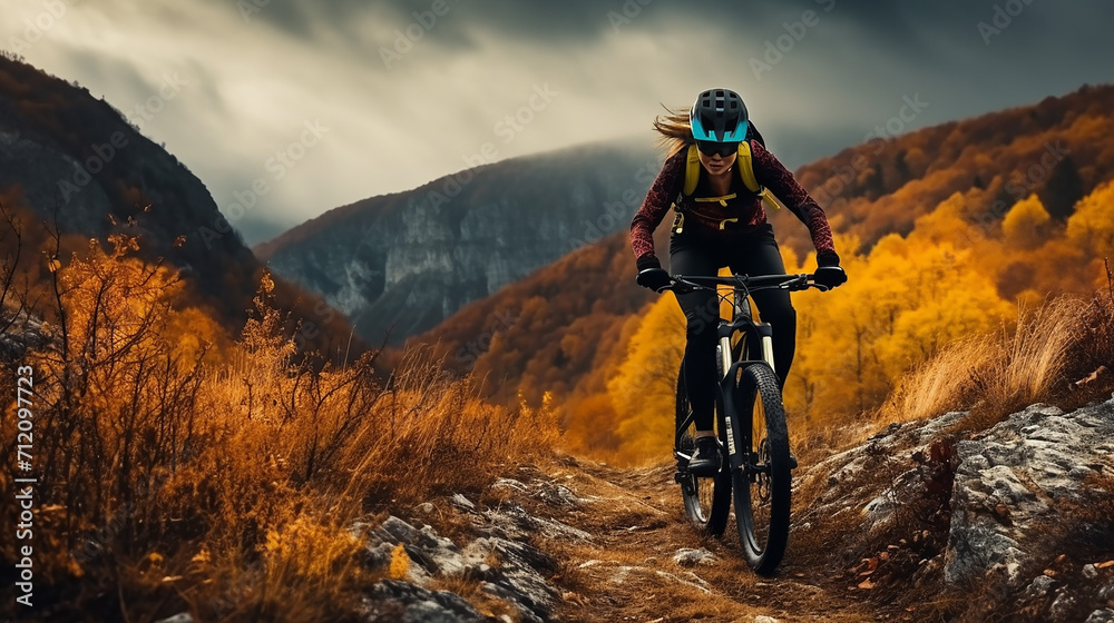 cycling woman riding on bike in autumn mountains cycling woman riding on bike in autumn mountains