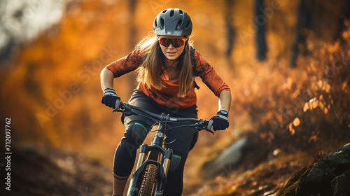 cycling woman riding on bike in autumn mountains © Aura