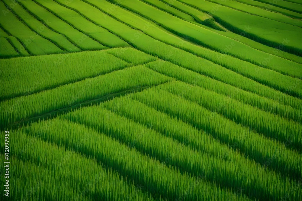 Fototapeta premium Picture the poetry of agriculture—a field dressed in the vibrant green attire of flourishing wheat ears. Immaculate lighting adds a touch of perfection to the super