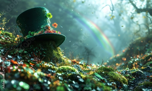 Enchanted leprechaun hat in a mossy forest setting with a distant rainbow. photo