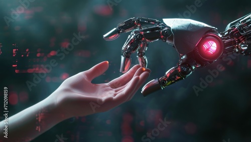 The human finger delicately touches the finger of a robot's metallic finger. Concept of harmonious coexistence of humans and ethical AI technology.
