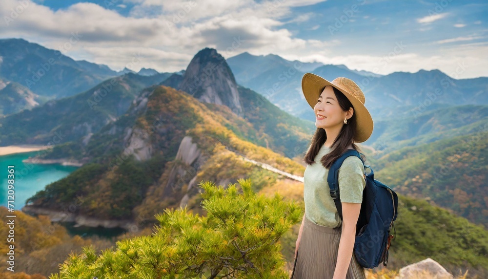 eco tourism concept; woman in hat standing on the mountains