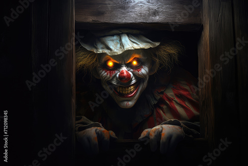 A nightmarish terrible clown with a distorted face, emerging from the shadows of a creepy, old attic