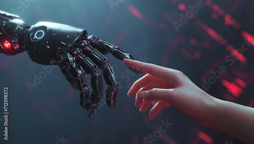 The human finger delicately touches the finger of a robot's metallic finger. Concept of harmonious coexistence of humans and ethical AI technology.