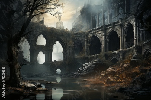 Enigmatic misty ruins, holding ancient secrets and forgotten knowledge - Generative AI © Sidewaypics