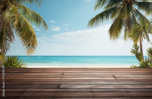 Wooden floor with palm trees and ocean views in clear light offering a serene and tropical atmosphere, nature and water picture © Ingenious Buddy 