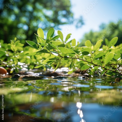 Tranquil water reflects gently behind lush green leaves  nature and water concept