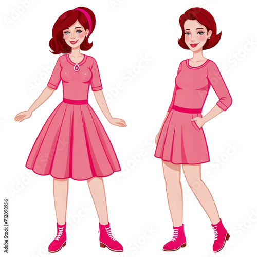 Girl in pink dress cartoon on transparent background.