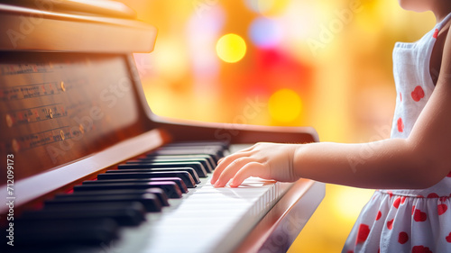 close up of child hands playing the piano with bokeh background