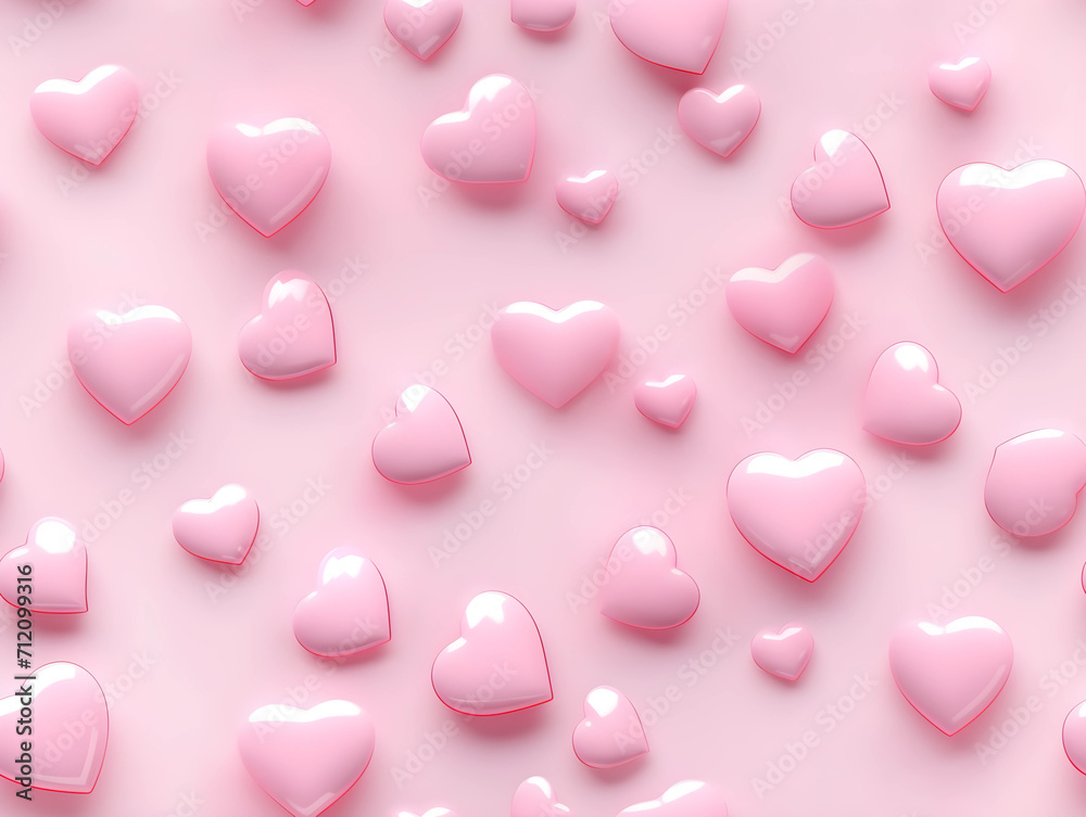 Seamless Pattern of Glossy Pink Hearts on Light Background