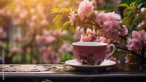A close-up of a porcelain tea cup set against a softly blurred backdrop of blooming flowers in a garden photo