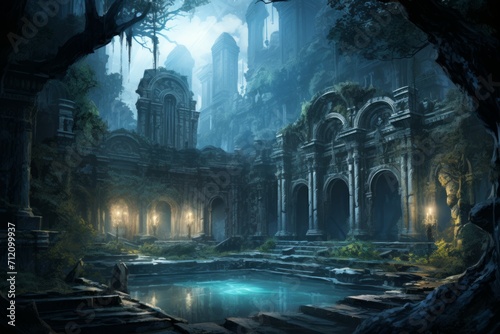 Enigmatic misty ruins  holding ancient secrets and forgotten knowledge - Generative AI