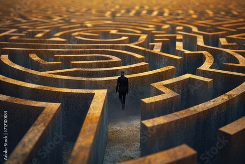 person navigating a maze or labyrinth, symbolizing problem-solving and strategy A person stuck in a maze trying to think of a way out . A businessman navigating through a maze
