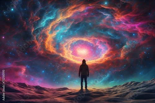 A kaleidoscopic cosmic wanderer, the psychedelic arcane nebula drifter, floats amidst a vast expanse of astral swirls and celestial colors. photo