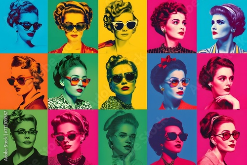 A vibrant pop art collage of iconic female portraits, celebrating diversity and femininity for International Women's Day photo