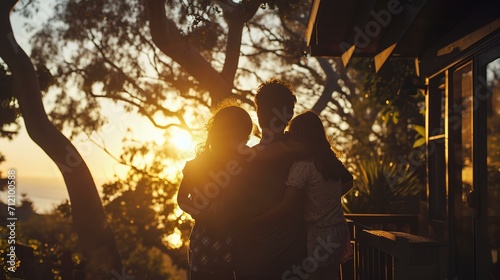 a happy family enjoying the view from their porch at sunset, capturing the essence of the happiness that comes with a new home. generative AI photo