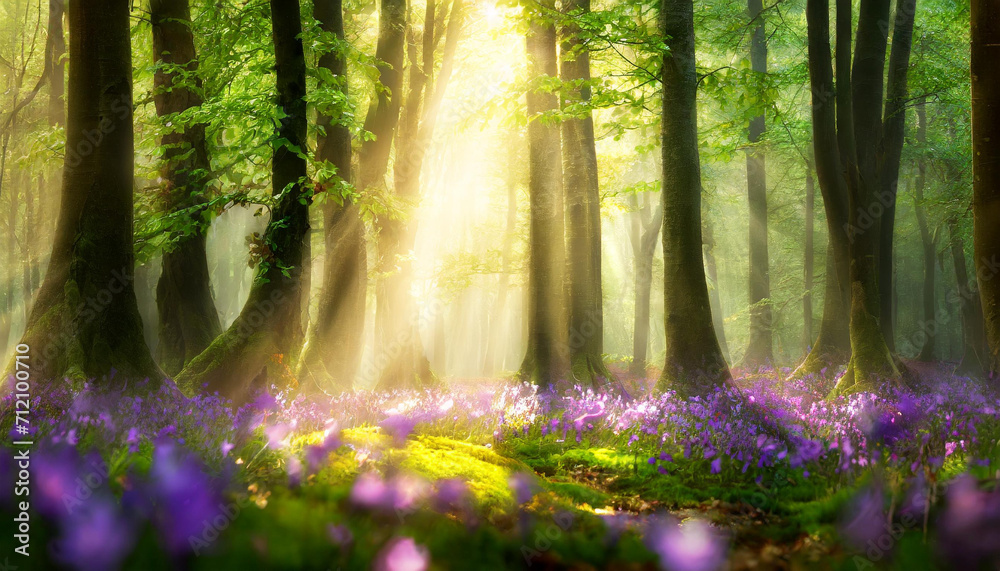 Piękny wiosenny bukowy las o poranku z mgłą i słońcem, dekoracja, tło generative ai - obrazy, fototapety, plakaty 