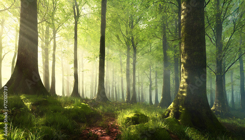 Piękny wiosenny bukowy las o poranku z mgłą i słońcem, dekoracja, tło generative ai