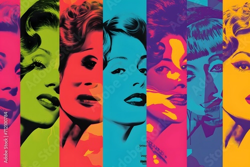 A vibrant pop art collage of iconic female portraits, celebrating diversity and femininity for International Women's Day photo