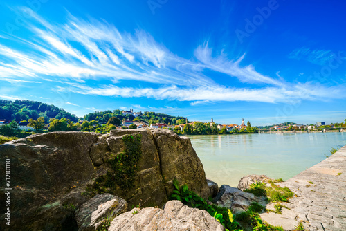 View of the Inn River and nature in Passau. Center of the city with the surrounding countryside. 