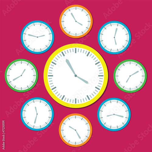 set of Retro Vector wall office Clocks in yellow blue and orange Showing different hours