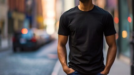 Man model shirt mockup. Boy wearing black t-shirt on street in daylight. T-shirt mockup template on hipster adult for design print. Male guy wearing casual t-shirt mockup placement.