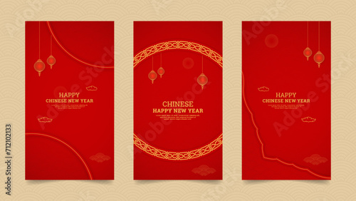 Chinese New Year Social Media Stories Collection Template with Chinese Pattern Brushes Border and Chinese Style Lanterns