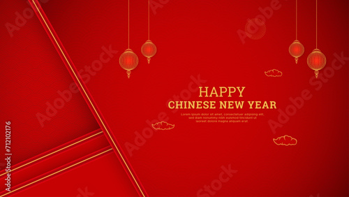 Happy Chinese New Year Red Background Design With Chinese Border and Lanterns photo