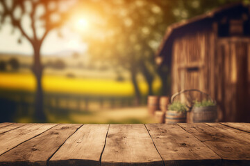 Wooden table with blurred farm background on harvesting season. Flawless . generative ai