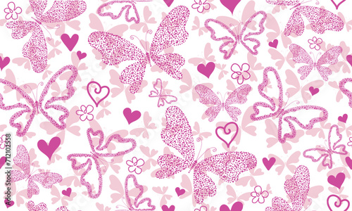 Vector seamless bicolor valentines pattern with pink hearts and dotty butterflies and flowers in doodle style on a transparent background