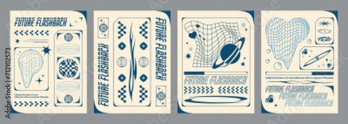 Retro futuristic aesthetic flyers set. Vector realistic illustration of y2k vibe posters with blue wireframe heart, planet shapes on beige background, text frame, groovy icons, retrowave style banners