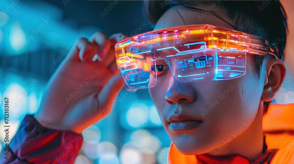 Confident Chinese designers checking futuristic glasses Confident Chinese designers checking futuristic glasses
