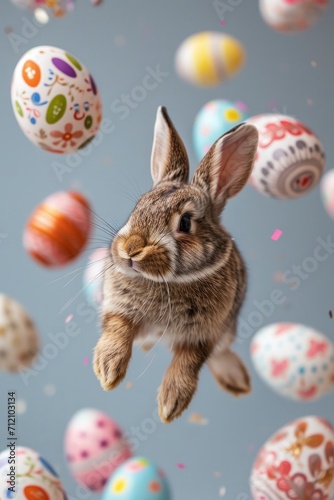 Close-Up Photo Capturing the Playful Motion of Flying Easter Eggs and a Rabbit  Infusing Joyful Energy into the Festive Pattern.
