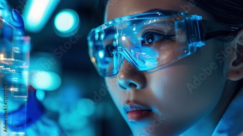Confident Chinese designers checking futuristic glasses