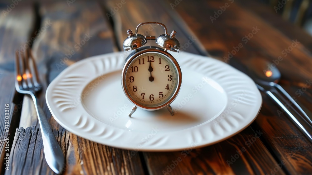 Fasting, one white plate and an alarm clock. Fasting, one white plate and an alarm clock.