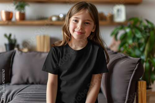 Black t-shirt mockup by wearing a young girl model - Round neck t-shirt mockup photo