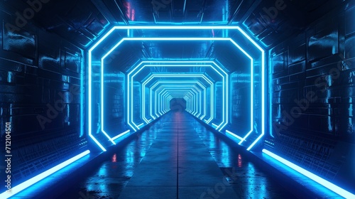 Three dimensional render of dark futuristic corridor illuminated by blue neon lights