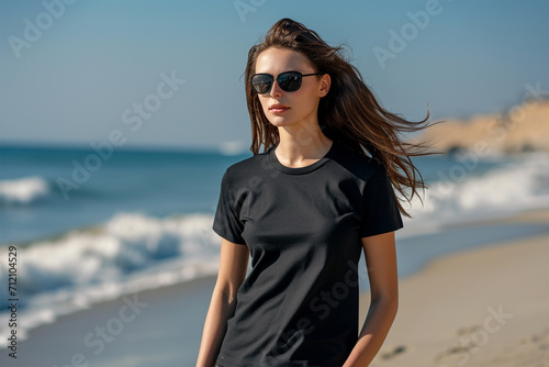 Black t-shirt mockup by wearing a female model - Round neck t-shirt mockup