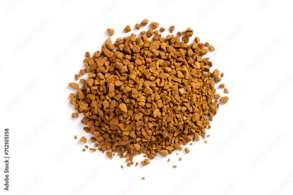 A bunch of instant coffee on a white background. Granulated coffee isolated on white background. A bunch of instant coffee on a white background. Granulated coffee isolated on white background.