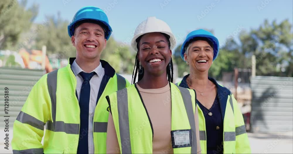 Team, face and pride, construction and people outdoor, building site and engineering with maintenance. Diversity, portrait and collaboration, architecture and renovation with contractor group