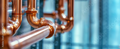 closeup of copper pipes of heating system in boiler room. HVAC service photo