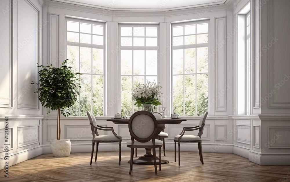 Classic dining room corner with white walls, wooden floor and tall windows. generative ai