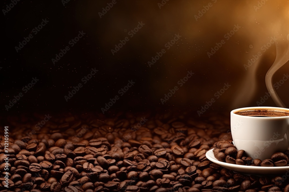 A wide panorama banner with a hot frothy espresso cup placed to the right on a fresh roasted coffee bean backdrop providing copy space