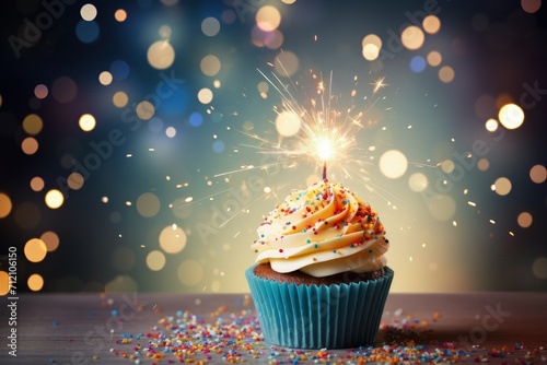 Background of a birthday party featuring a cupcake sparkler and falling confetti photo