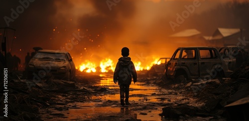 A lonely child standing in the destroyed street city with fire and burning car. World war background concept.